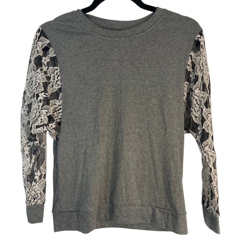 long sleeve shirt lace gray white crew neck no size tag small length 22"  READ
